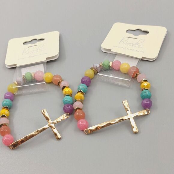 Set of 2 Cross Gold Tone Bracelet Beaded Hammered Catholic Religious Easter Gift - Picture 9 of 15